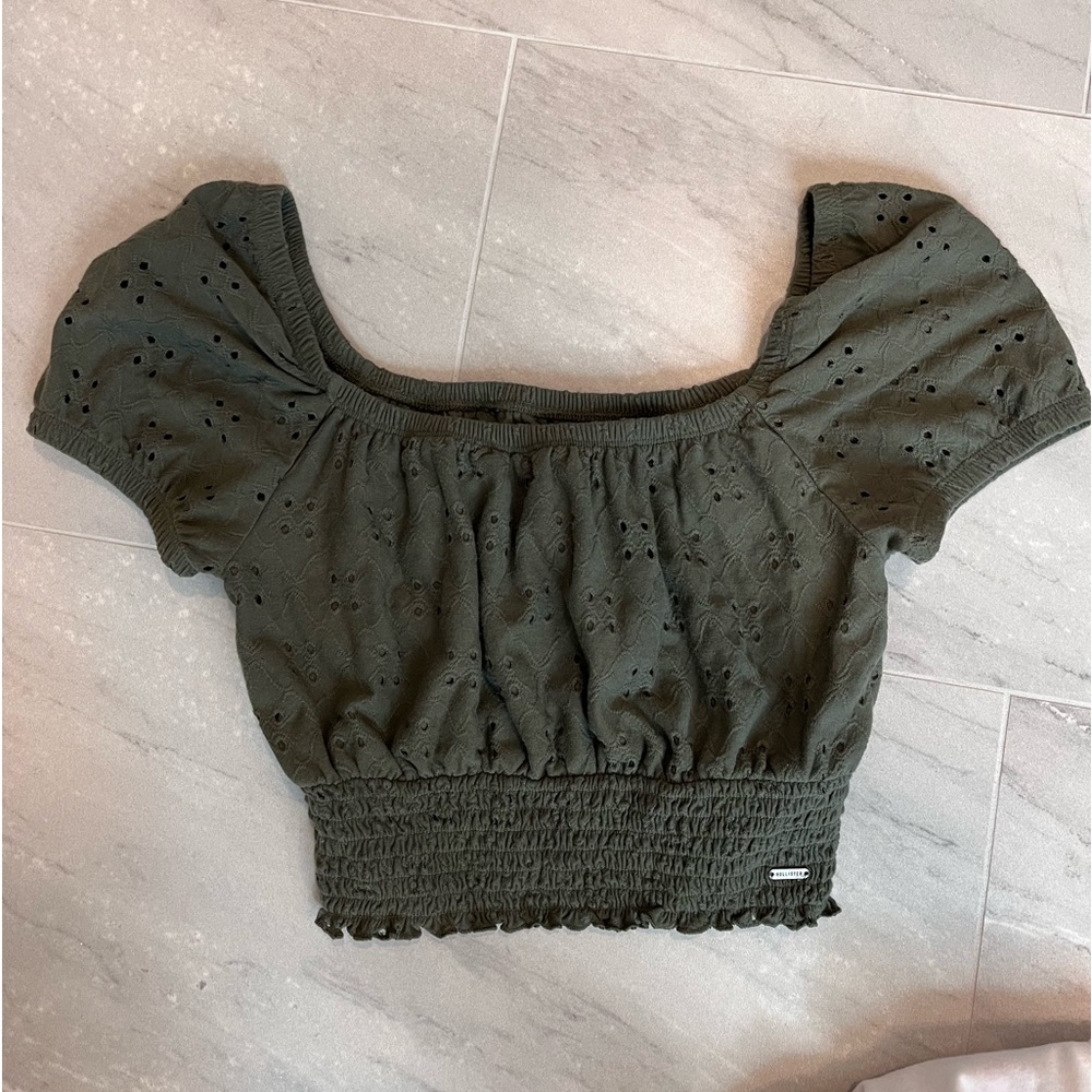 Hollister Eyelet Green Off the Shoulder Crop Top